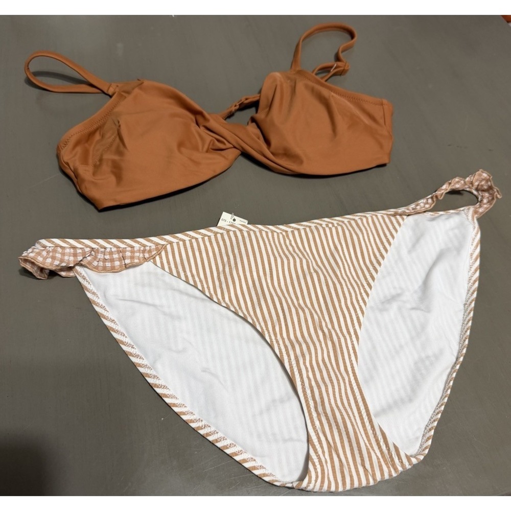 Aerie Swim Bikini Two Piece Brief‎ Seersucker Ruffle Striped Brown White large